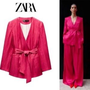 BNWT Zara Pink Blazer with Relaxed Silhouette and Self-Tie Belt
